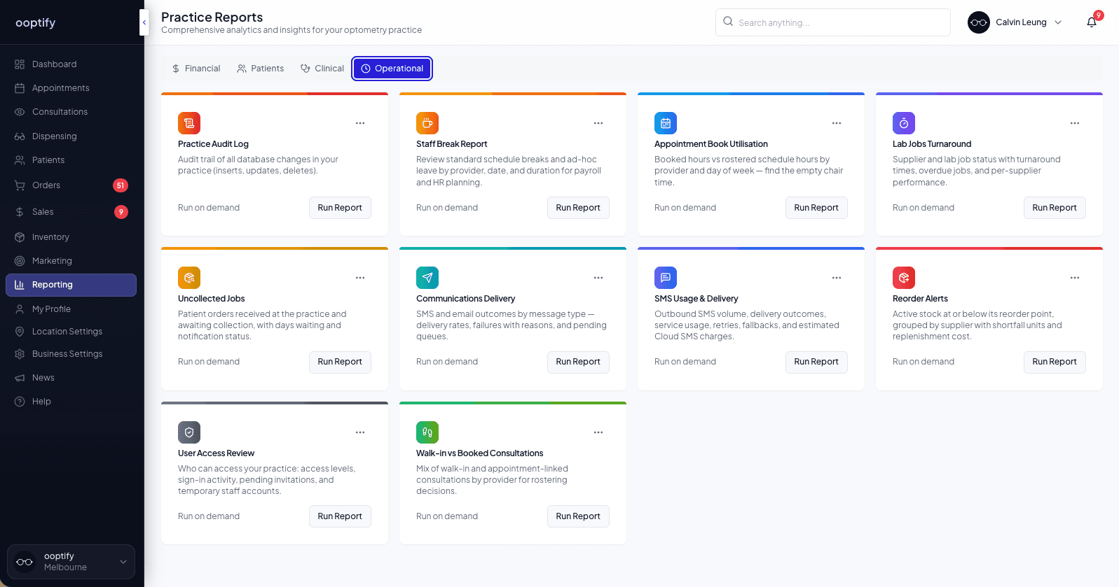 The ooptify practice reports screen showing operational reports for audit, staffing, appointments, communications and inventory.
