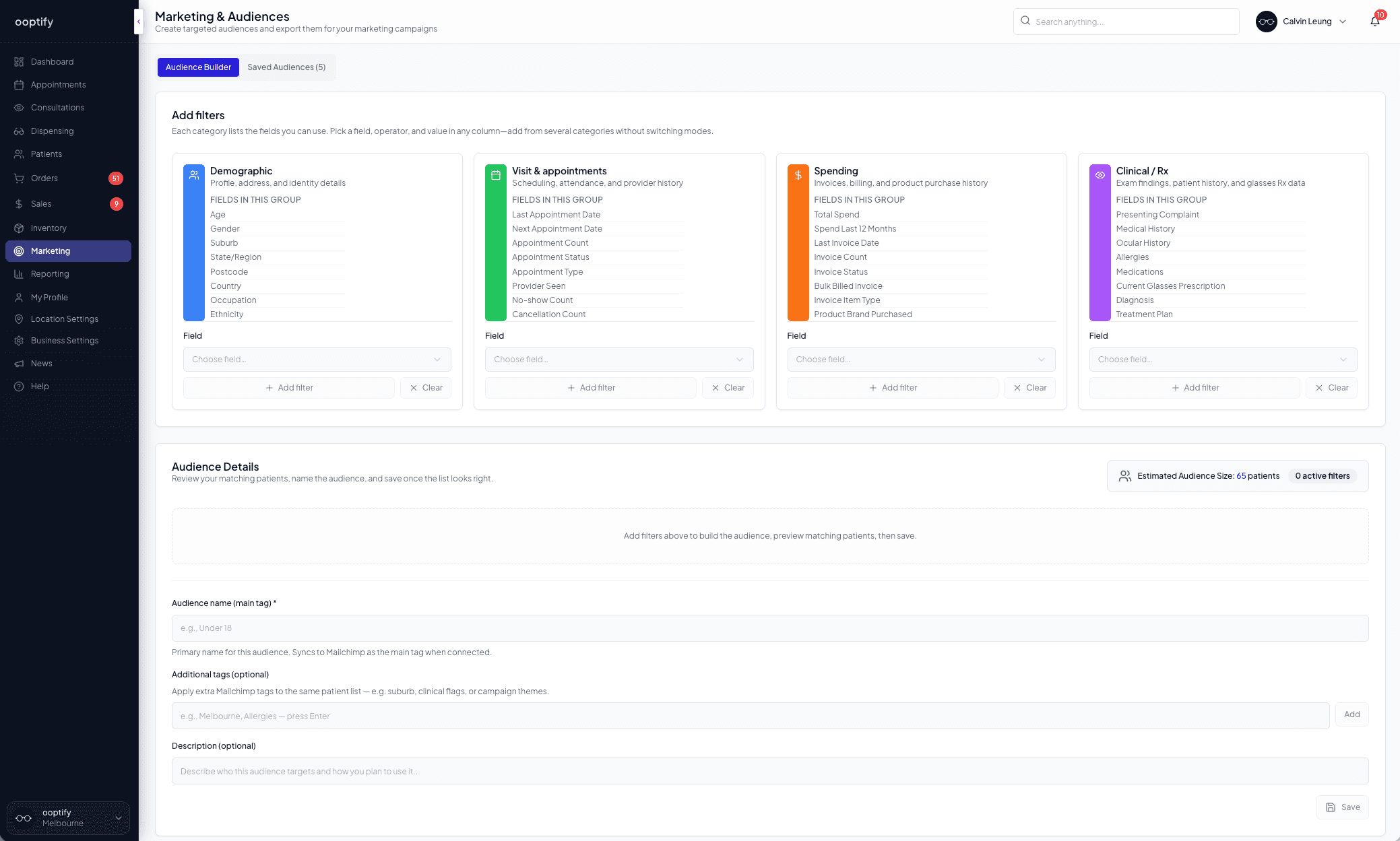 The ooptify marketing audience builder showing demographic, appointment, spending and clinical filters.