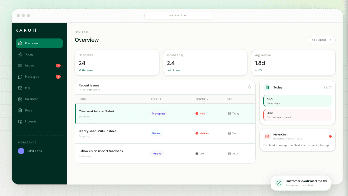 Karuii workspace overview showing issues, priorities and updates.