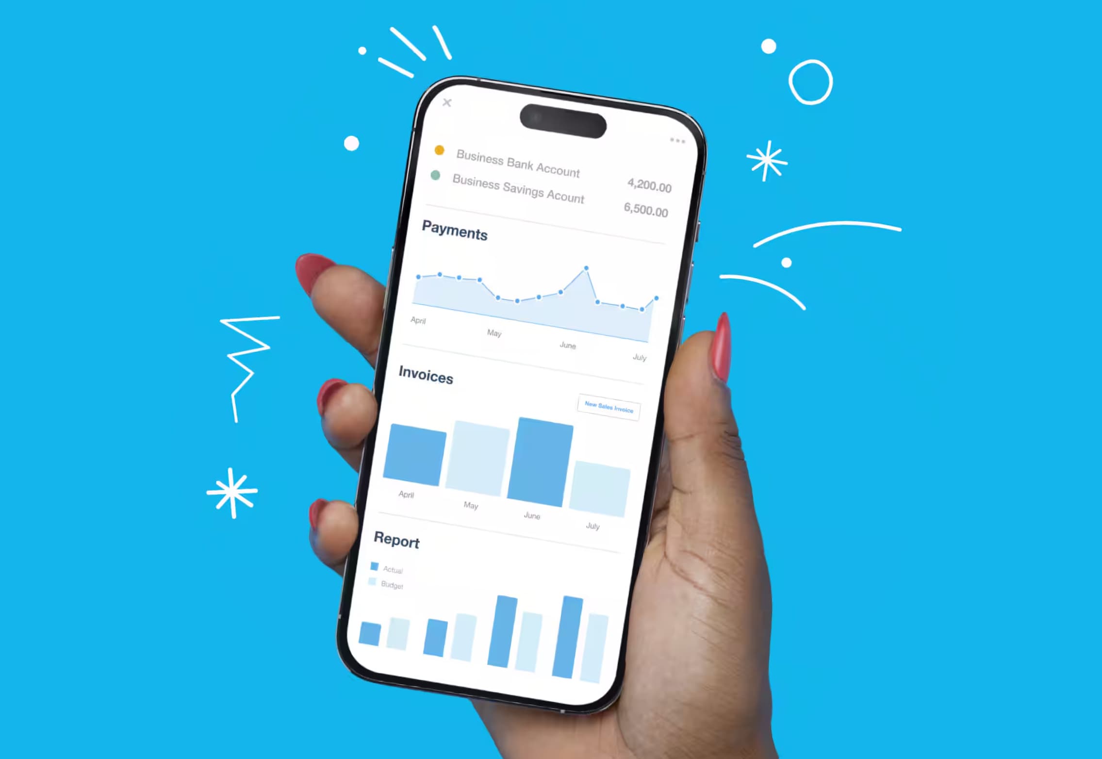 A hand holding a phone displaying payments, invoices and reporting in Xero.