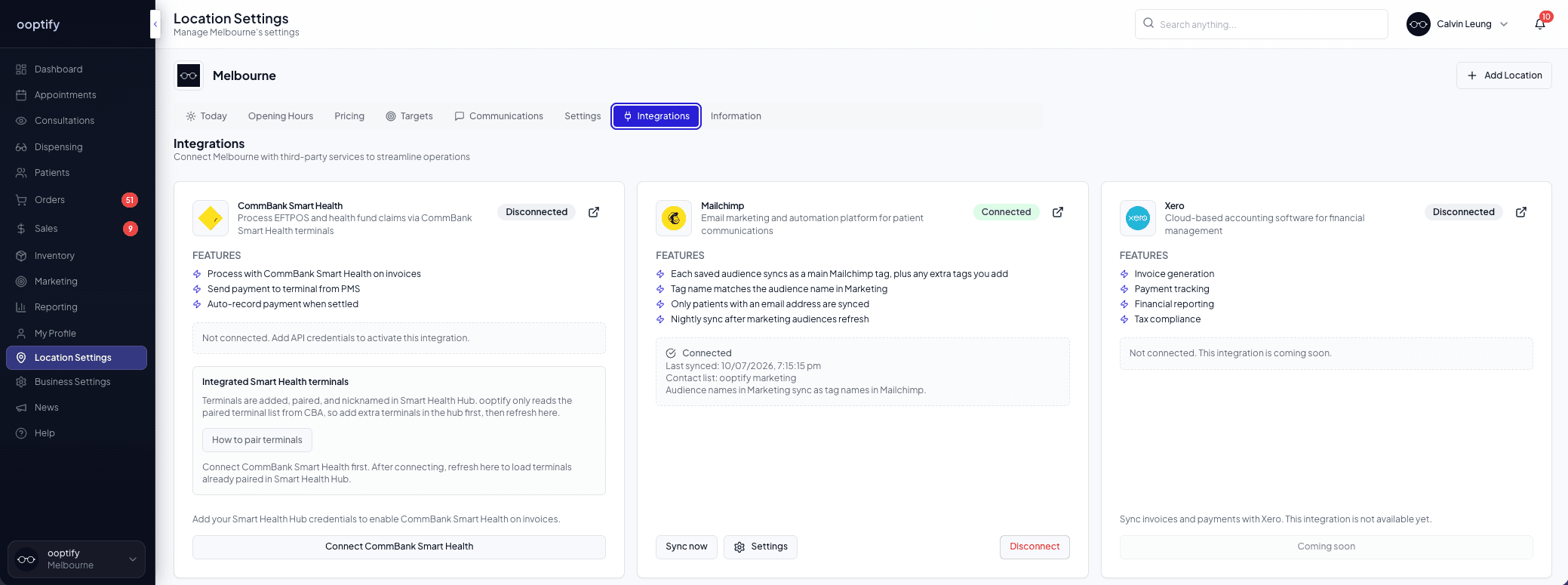 The ooptify integrations settings showing CommBank Smart Health, Mailchimp and Xero connections.